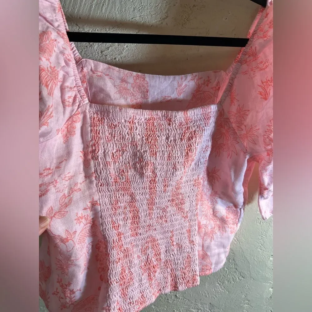 Cynthia Rowley Pink Ruffled Crop Blouse European flax linen, 3/4 ruched sleeve